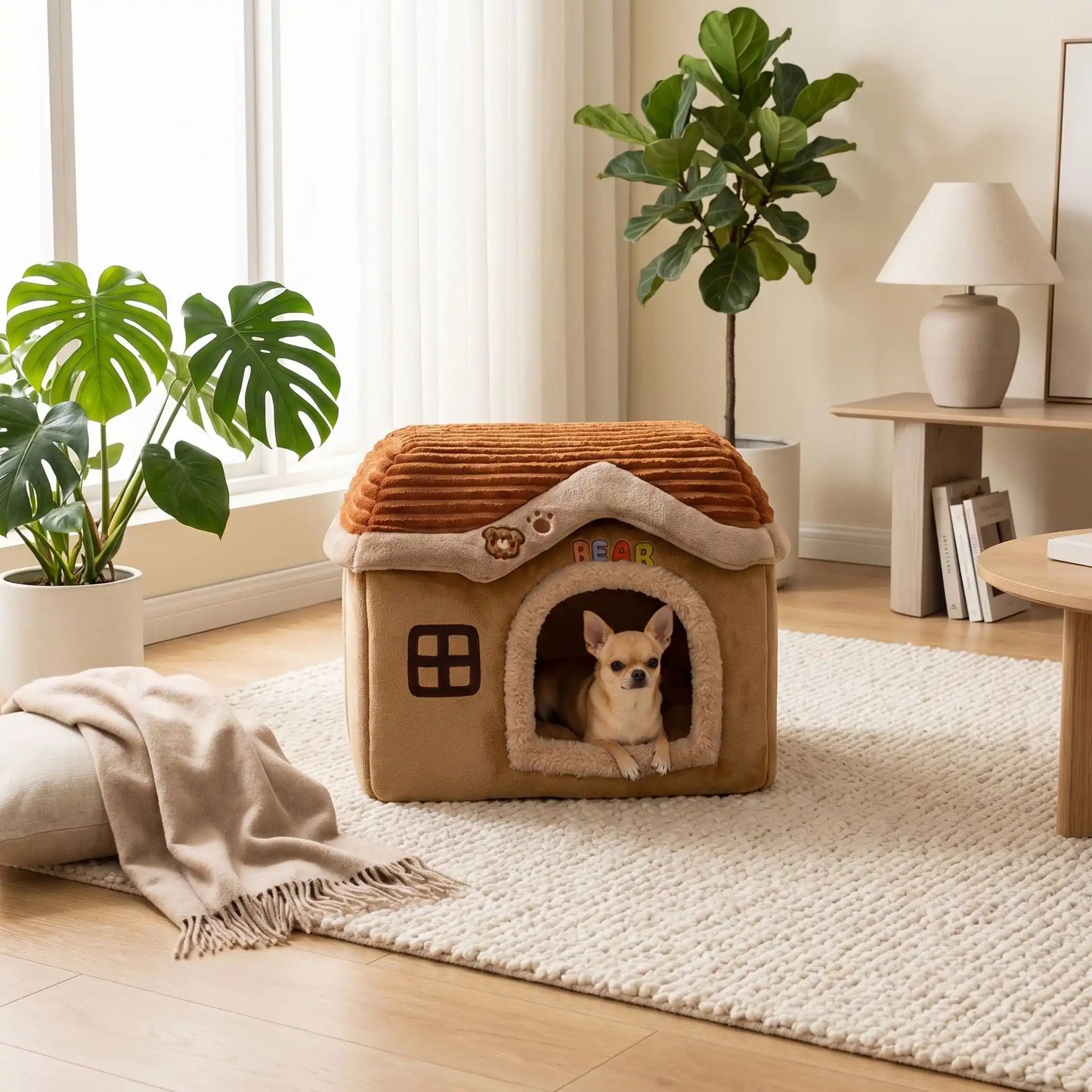 Maison-interieure-pour-chien-chiot-lavable, antidérapant, pliable avec toit, déhoussable et lavable en machine avec son coussin intérieur amovible au rembourrage 100% coton haute densité pour chiot et chien de petite race et petite taille de 0 à 4 kilos- un chihuahua couché confortablement dans la mini niche pour chien sur le coussin intérieur en velours doux de couleur marron dans le salon de la maison