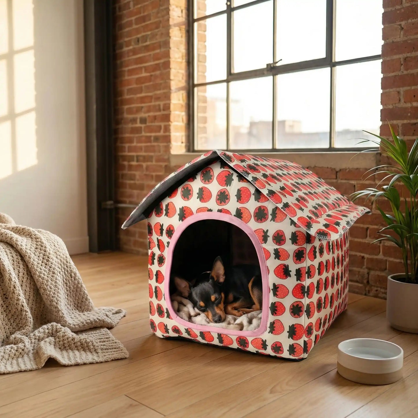 Maison-pour-chien-chiot-imperméable, pliable, démontable, légère, transportable, antidérapante, lavable en machine avec coussin interieur velours pour race de petite taille et de race miniature ou toy de 0 à 3 kg-un pinscher nain qui dort paisiblement dans la maison avec toit et motif de fraise dans le salon de l'appartement isoler du froid et des courants d'air idéal pour les races de chien sensibles au froid