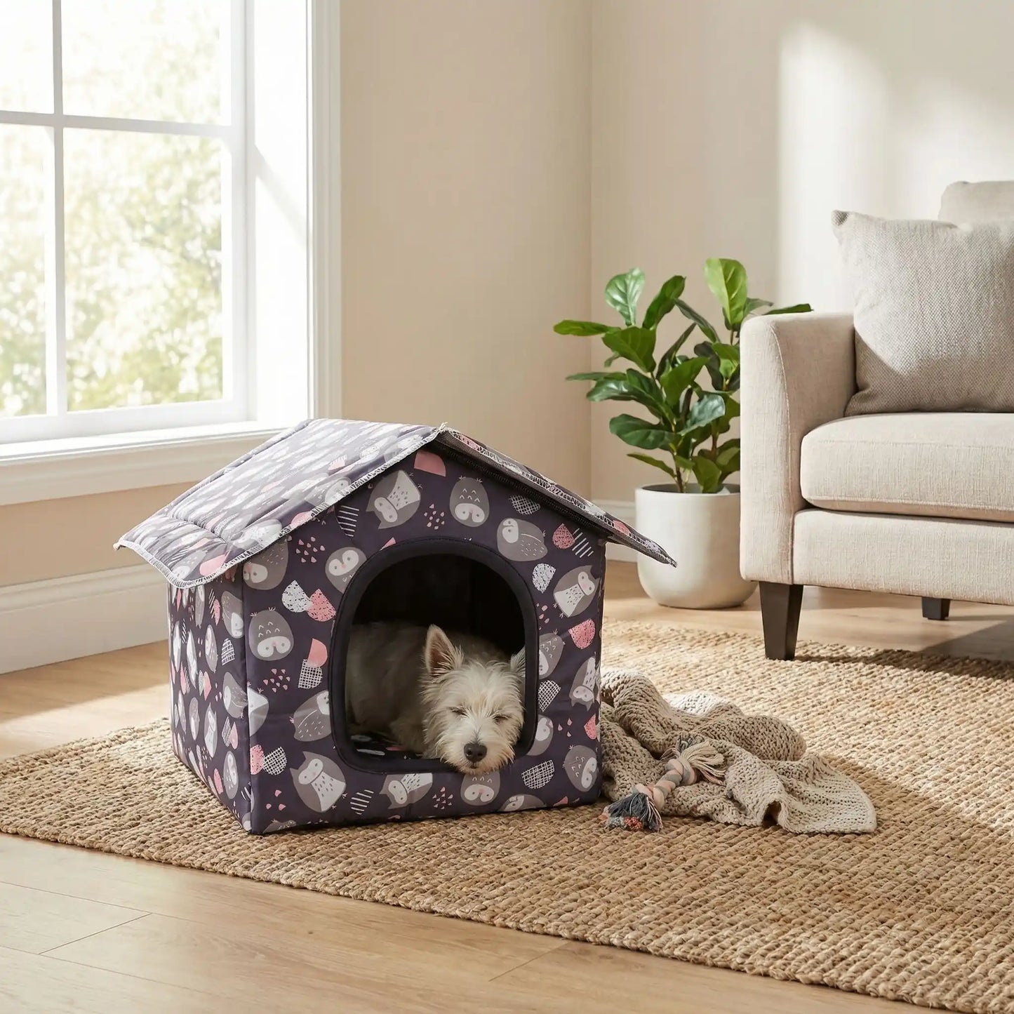 Maison-pour-chien-chiot-imperméable, pliable, démontable, légère, transportable, antidérapante, lavable en machine avec coussin interieur velours pour race de petite taille et de race miniature ou toy de 0 à 3 kg-un chiot Westie qui dort paisiblement dans la maison avec toit et motif de fraise dans le salon de l'appartement isoler du froid et des courants d'air idéal pour les races de chien sensibles au froid
