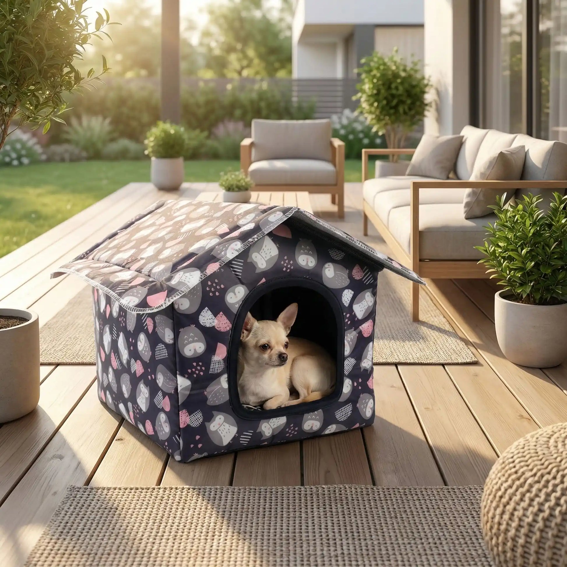 Maison-pour-chien-chiot-imperméable, pliable, démontable, légère, transportable, antidérapante, lavable en machine avec coussin interieur velours pour race de petite taille et de race miniature ou toy de 0 à 3 kg-un chihuahua couché confortablement blement dans la maison avec toit grise avec motif d'hibou originaux sur la terasse en bois de la maison isolé du froid et des courants d'air idéal pour les races de chien sensibles au froid