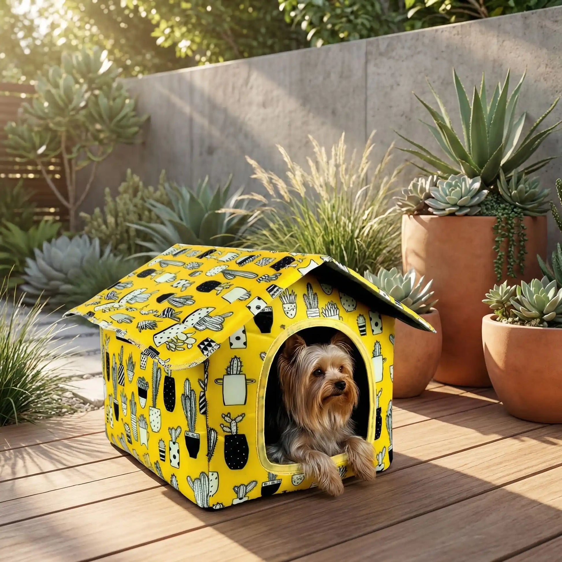 Maison-pour-chien-chiot-imperméable, pliable, démontable, légère, transportable, antidérapante, lavable en machine avec coussin interieur velours pour race de petite taille et de race miniature ou toy de 0 à 3 kg-un Yorkshire nain couché dans la mini maison de couleur jaune avec motif noir et blanc design graphique sur la terasse de la  la maison avec toit, niche qui isole du froid et des courants d'air idéal pour les petites races de chien sensibles au froid