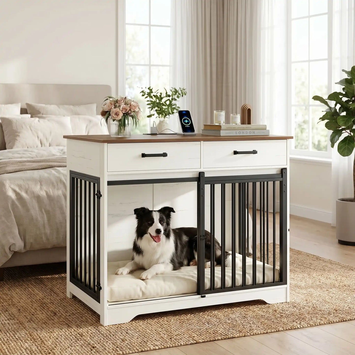 Meuble-cage-pour-chien-petit et moyenne taille-cage-97 cm en bois foncé et blanc, 3 portes avec 1 porte avant coulissante avant en barreaux acier robuste et deux portes latérales en barreaux noir, avec deux tiroirs de rangement, rectangulaire et design moderne, imperméable et robuste avec serrures pour chiot et chien de 0 à 25 kg-un chien moyen couché confortablement dans le meuble niche avec porte à barreaux avant ouverte et portes latérales fermées dans la chambre de la maison
