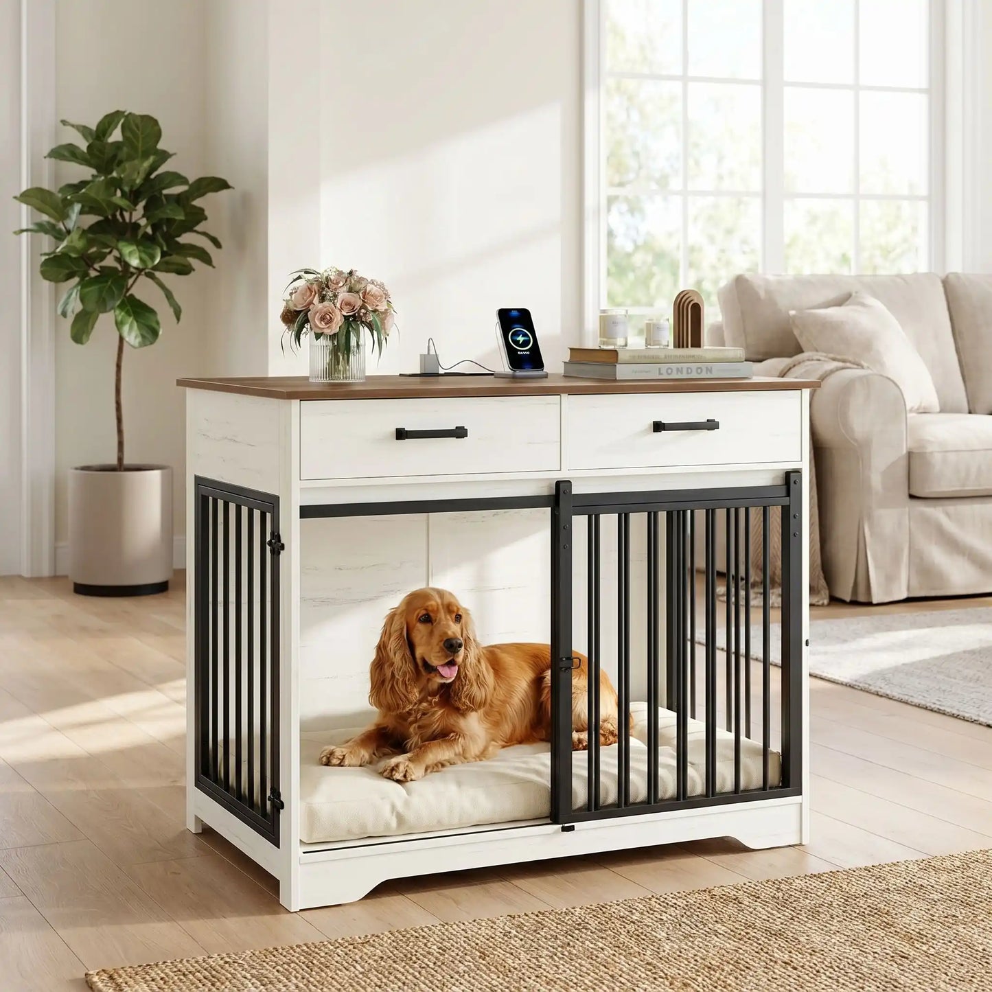 Meuble-cage-pour-chien-petit et moyenne taille-cage-97 cm en bois foncé et blanc, 3 portes avec 1 porte avant coulissante avant en barreaux acier robuste et deux portes latérales en barreaux noir, avec deux tiroirs de rangement, rectangulaire et design moderne, imperméable et robuste avec serrures pour chiot et chien de 0 à 25 kg-un chien de race moyenne couché confortablement dans le meuble niche avec porte à barreaux avant ouverte et portes latérales fermées dans le salon de l'appartement