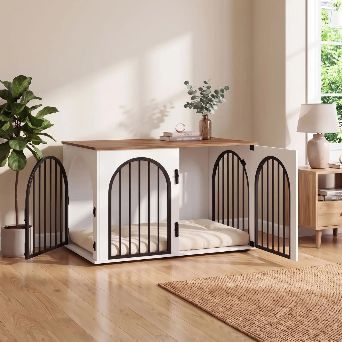 Meuble cage chien et chiot de petite à moyenne race ,bois naturel et bois blanc barreaux en acier inoxydable cylindrique de 1 cm d'épaisseur robuste et anti-déformation, 3 portes d'accès, double porte avant et porte latérale, respirante et ouverte avec fond en bois et ouverture par barreaux sur 180° degrés pour chiot et chien de 0 à 15 kilos-gros plan sur le meuble cage niche en bois blanc avec deux portes ouvertes et l'autre fermée dans le salon de la maison