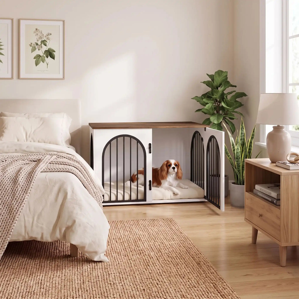 Meuble cage chien et chiot de petite à moyenne race ,bois naturel et bois blanc barreaux en acier inoxydable cylindrique de 1 cm d'épaisseur robuste et anti-déformation, 3 portes d'accès, double porte avant et porte latérale, respirante et ouverte avec fond en bois et ouverteure par barreaux sur 180° degrés pour chiot et chien de 0 à 15 kilos-un chien de moyenne taille couché confortablement sur son matelas dans son meuble niche en bois brut avec une porte avant ouverte et les 2 autres fermée à côté du lit 