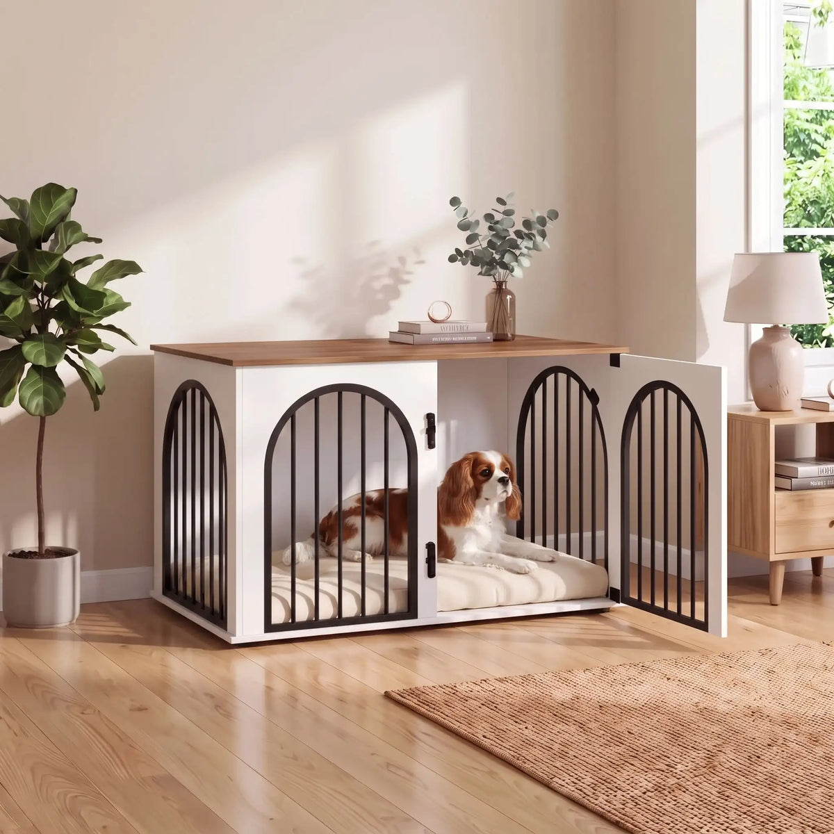 Meuble cage chien et chiot de petite à moyenne race ,bois naturel et bois blanc barreaux en acier inoxydable cylindrique de 1 cm d'épaisseur robuste et anti-déformation, 3 portes d'accès, double porte avant etporte latérale, respirante et ouverte avec fond en bois et ouverture par barreaux sur 180° degrés pour chiot et chien de 0 à 15 kilos-un chien de moyenne taille couché confortablement sur son matelas dans son meuble niche en bois brut avec une des double portes avant ouverte et  porte latérale fermée 