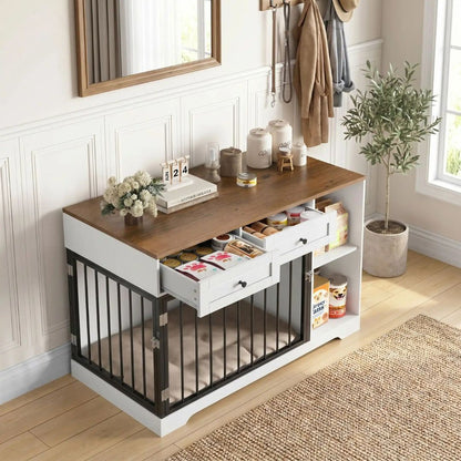 Meuble-cage-chien-chiot-interieur-120-cm en bois et acier inxydable avec deux portes d'accès pour le chien, porte latérale et porte avant avec serrures robuste et avec 2 étagères sur le coté du meuble et 2 tiroirs pour le rangement de l'alimentation et des accessoire canin et console pour des objet décoratif pour chiot et chien de petite à moyenne taille de 0 à 25 kg- gros plan sur le meuble niche cage pour chiot et chien de petite à moyenne taille avec deux tiroirs et 2 étagères en bois blanc