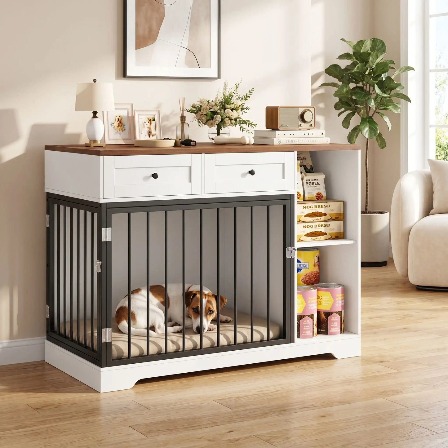 Meuble-cage-chien-chiot-interieur-120-cm en bois et acier inxydable avec deux porte d'accès pour le chien, porte latérale et porte avant avec serrures robuste et avec 2 étagères sur le coté du meuble et 2 tiroirs pour le rangement de l'alimentation et des accessoire canin et console pour des objet décoratif pour chiot et chien de petite à moyenne taille de 0 à 25 kg- un petit chien qui dort paisiblement sur son matelas dans le meuble niche avec les 2 portes fermées en cage dans le salon de l'appartement
