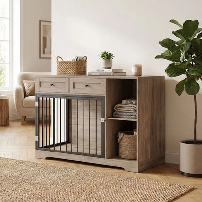 Meuble-cage-chien-chiot-interieur-120-cm en bois et acier inxydable avec deux portes d'accès pour le chien, porte latérale et porte avant avec serrures robuste et avec 2 étagères sur le coté du meuble et 2 tiroirs pour le rangement de l'alimentation et des accessoire canin et console pour des objet décoratif pour chiot et chien de petite à moyenne taille de 0 à 25 kg- gros plan sur le meuble niche cage pour chiot et chien de petite à moyenne taille avec deux tiroirs  et 2 étagères de couleur bois foncé