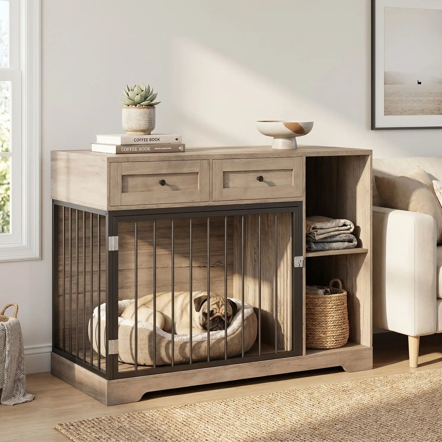Meuble-cage-chien-chiot-interieur-120-cm en bois et acier inxydable avec deux porte d'accès pour le chien, porte latérale et porte avant avec serrures robuste et avec 2 étagères sur le coté du meuble et 2 tiroirs pour le rangement de l'alimentation et des accessoire canin et console pour des objet décoratif pour chiot et chien de petite à moyenne taille de 0 à 25 kg- un chien moyen qui dort paisiblement sur son matelas dans le meuble niche avec les 2 portes fermées en cage dans le salon de l'appartement