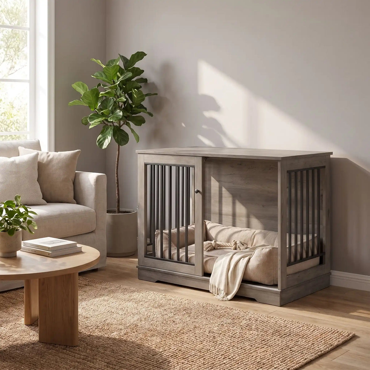 Meuble-cage-chien-chiot-niche-bois-acier 120 cm avec sa station d'alimentation et son support et 2 gamelles surélevés amovible pour une installation à l'intérieur ou à l'extérieur du meuble niche avec sa porte avant coulissante en barreaux solides pour une version fermée en cage avec sa serrure sécurisée, adapté au chiot et choen de 0 à 30 kg-gros plan sur le meuble niche en bois gris design et moderne avec ses barreaux sur 180° pour un effet niche sécurisant et ouvert dans le salon de l'appartement