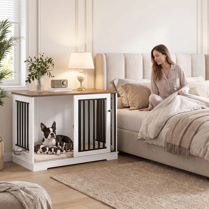 Meuble-cage-chien-chiot-niche-bois-acier 120 cm avec station d'alimentation et son support et 2 gamelles surélevés amovible pour une installation à l'intérieur ou à l'extérieur du meuble niche avec sa porte avant coulissante en barreaux solides pour une version fermée en cage avec sa serrure sécurisée, adapté au chiot et choen de 0 à 30 kg-un chien de race moyenne confortablement couché avec ses chiots dans le meuble niche en bois blanc, plateau en couleur bois en table de nuit à côté du lit de ses maitres 
