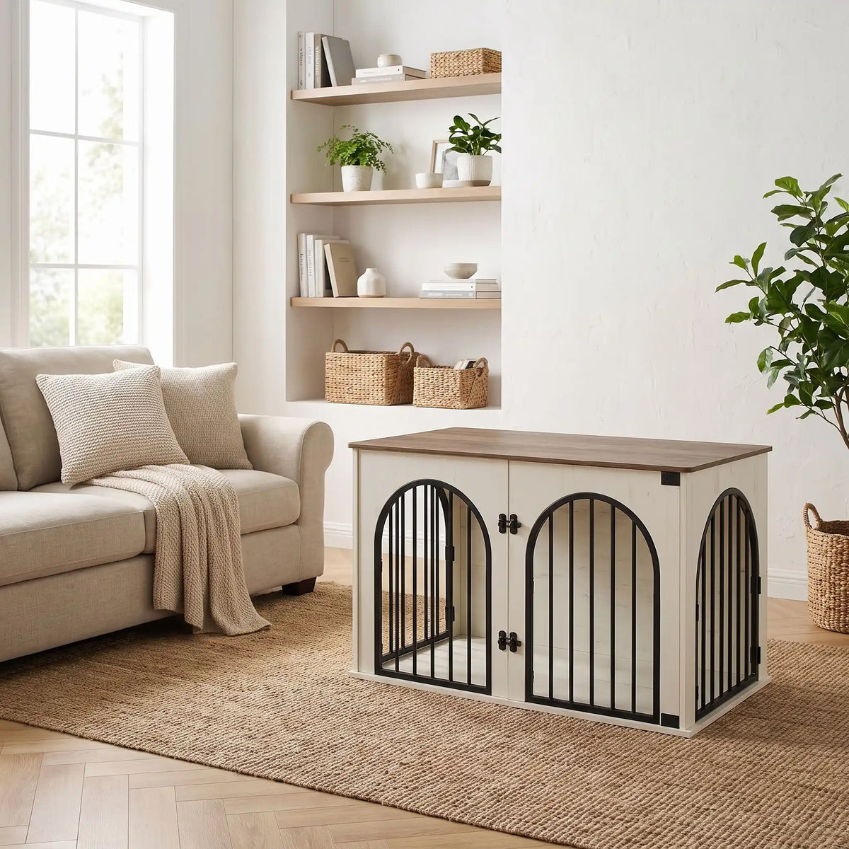 Meuble cage chien et chiot de petite à moyenne race ,bois naturel et bois blanc barreaux en acier inoxydable cylindrique de 1 cm d'épaisseur robuste et anti-déformation, 3 portes d'accès, double porte avant e tporte latérale, respirante et ouverte avec fond en bois et ouverture par barreaux sur 180° degrés pour chiot et chien de 0 à 15 kilos-gros plan sur le meuble niche en bois blanc avec 3 portes fermées dans le salon de l'appartement en meuble d'appoint