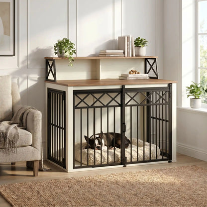 Meuble-cage-chien-chiot-design 3 portes : 1 porte avant coulissante et 2 portes latérales avec serrure sécurisé en acier robuste et épais et bois composite de couleur blanc et bois avec étagères de rangement pour les accessoire canins pour chiot et chien de petite à moyenne taille de 0 à 20 kg de 100 cm de long-un chiot bouledogue français qui dort sur son matelas douillet dans le meuble cage en acier et bois avec la porte avant coulissante fermée et accesoires dans les étagères dans le salon de la maison