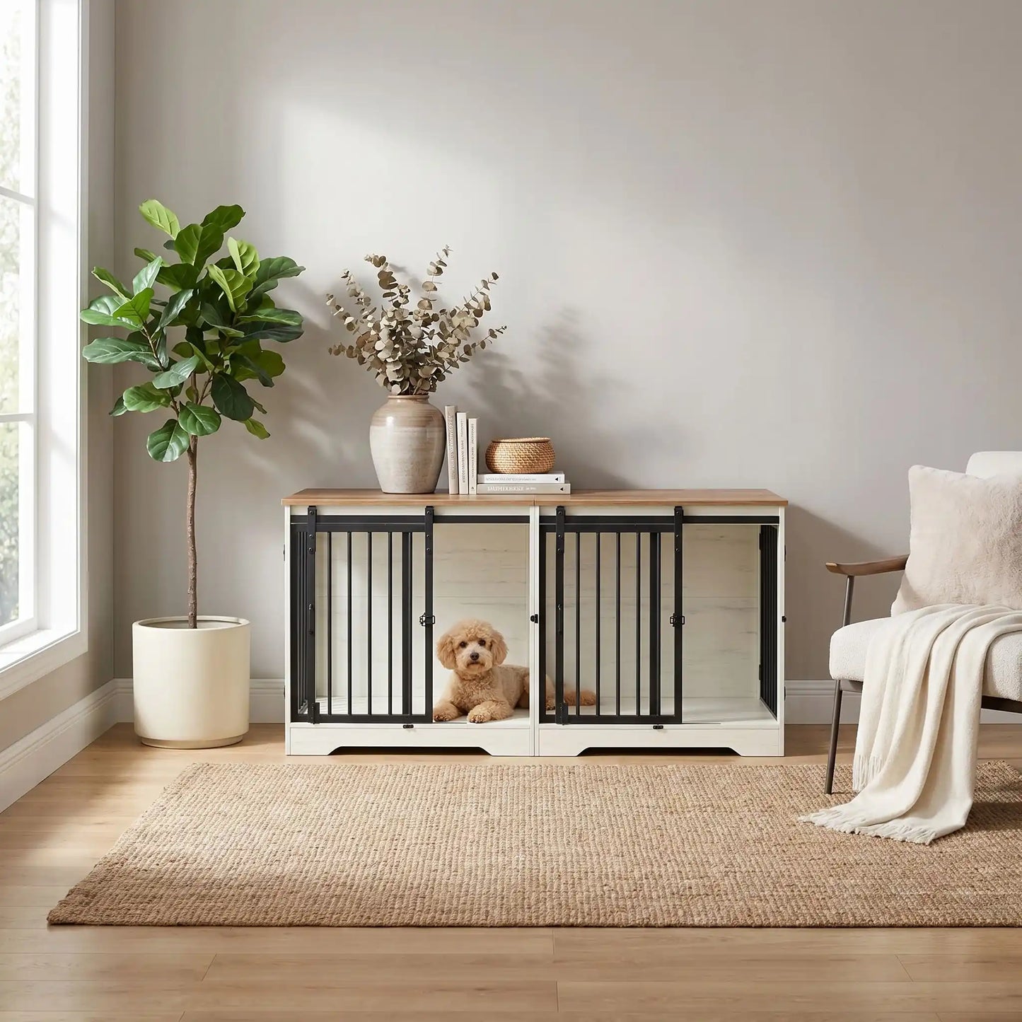 Meuble-cage-pour-chien-doublepetit et moyenne taille-cage 136 cm bois foncé et blanc, 4 portes avec 2 portes avant coulissantes avant en barreaux acier robuste et deux portes latérales en barreaux noir, avec séparateur amovible au milieu, rectangulaire et design moderne, imperméable et robuste avec serrures pour chiot et chien-un chien de race moyenne couché confortablement dans le meuble niche avec porte à barreaux avant et séparateur ouverts et portes latérales fermées dans le salon de l'appartement