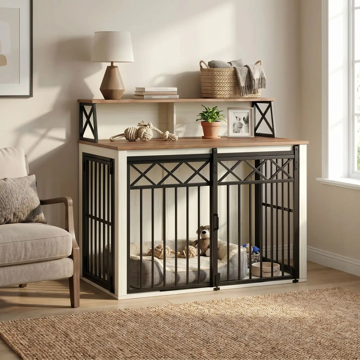 Meuble-cage-chien-chiot-design 3 portes : 1 porte avant coulissante et 2 portes latérales avec serrure sécurisé en acier robuste et épais et bois composite de couleur blanc et bois avec étagères de rangement pour les accessoire canins pour chiot et chien de petite à moyenne taille de 0 à 20 kg de 100 cm de long-gros plan sur le meuble niche design en style bois et fer forgé avec les accessoires du chien rangés sur les étagère et rangement du meuble, avec un panier chien et jouets à l'intérieur de la cage 