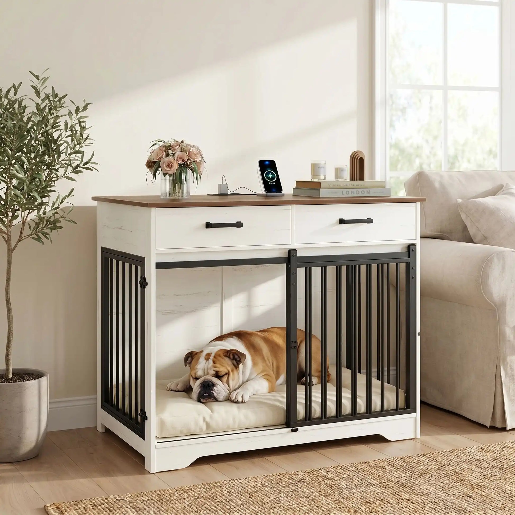 Meuble-cage-pour-chien-petit et moyenne taille-cage-97 cm en bois foncé et blanc, 3 portes avec 1 porte avant coulissante avant en barreaux acier robuste et deux portes latérales en barreaux noir, avec deux tiroirs de rangement, rectangulaire et design moderne, imperméable et robuste avec serrures pour chiot et chien de 0 à 25 kg-un chien de taille moyenne couché confortablement dans le meuble niche avec porte à barreaux avant ouverte et portes latérales fermées dans le salon de la maison