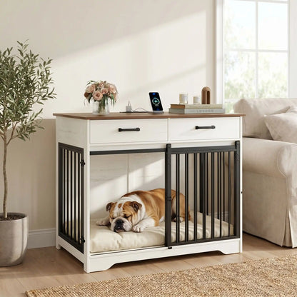 Meuble-cage-pour-chien-petit et moyenne taille-cage-97 cm en bois foncé et blanc, 3 portes avec 1 porte avant coulissante avant en barreaux acier robuste et deux portes latérales en barreaux noir, avec deux tiroirs de rangement, rectangulaire et design moderne, imperméable et robuste avec serrures pour chiot et chien de 0 à 25 kg-un chien de taille moyenne couché confortablement dans le meuble niche avec porte à barreaux avant ouverte et portes latérales fermées dans le salon de la maison