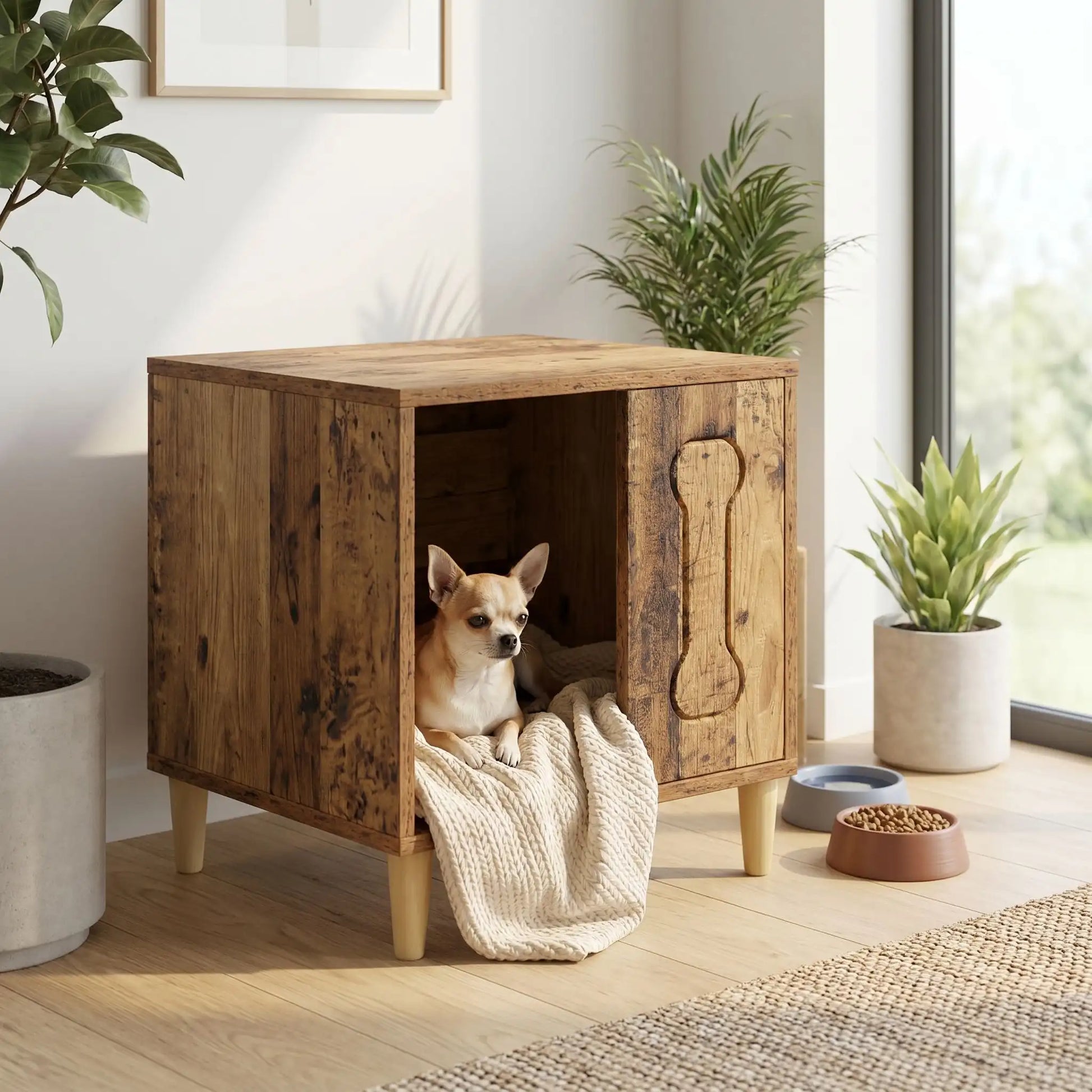 Meuble-niche-chien-interieur en bois et au design contemporain de forme cubique sur 4 pieds surélevés en bois antidérapant avec un décor d'os gravé sur l'avant avec ouverture pour une entrée et descente facile sur un quart du meuble pour chiot et chien de petite taille de 0 à 3 kg-un chihuahua couché confortablement sur sa couverture dans sa niche en bois design qui sert de meuble d'appoint et de décoration dans le salon de l'appartement