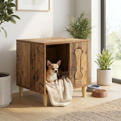 Meuble-niche-chien-interieur en bois et au design contemporain de forme cubique sur 4 pieds surélevés en bois antidérapant avec un décor d'os gravé sur l'avant avec ouverture pour une entrée et descente facile sur un quart du meuble pour chiot et chien de petite taille de 0 à 3 kg-un chihuahua couché confortablement sur sa couverture dans sa niche en bois design qui sert de meuble d'appoint et de décoration dans le salon de l'appartement