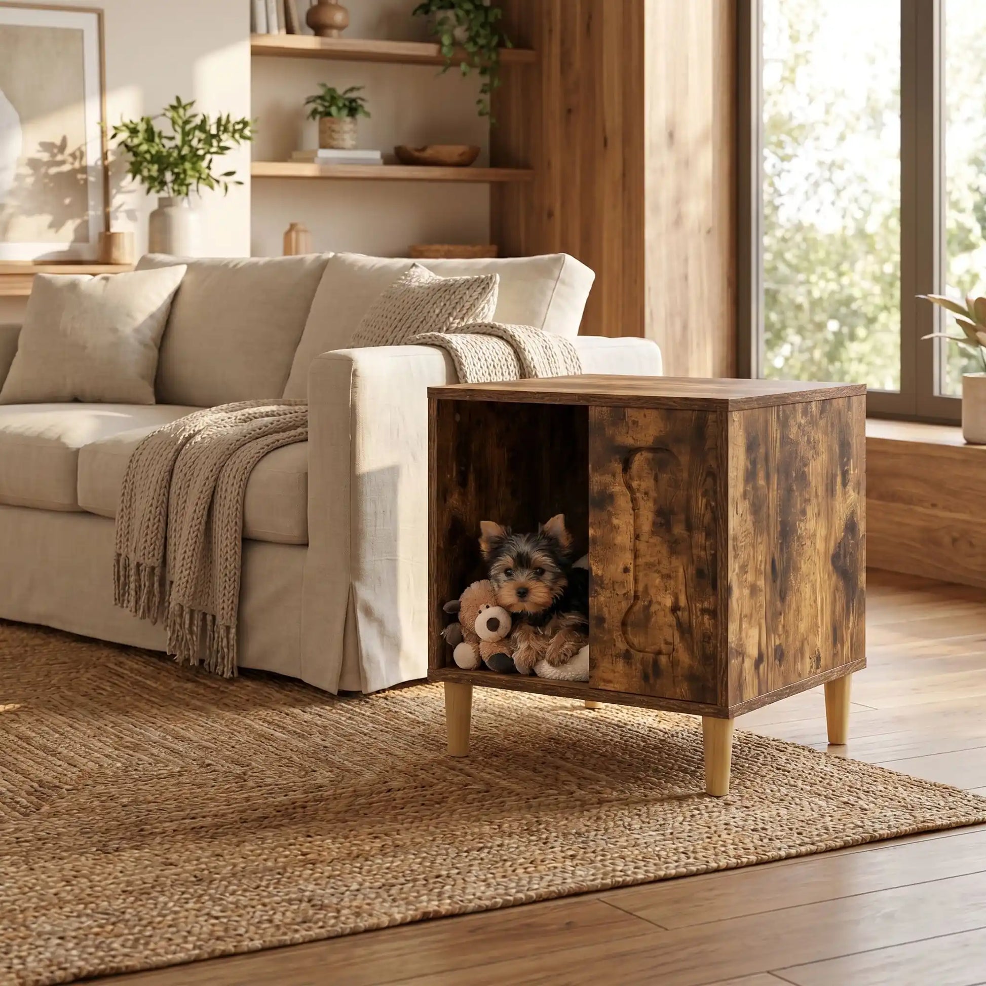 Meuble-niche-chien-interieur en bois et au design contemporain de forme cubique sur 4 pieds surélevés en bois antidérapant avec un décor d'os gravé sur l'avant avec ouverture pour une entrée et descente facile sur un quart du meuble pour chiot et chien de petite taille de 0 à 3 kg-un chiot yorkshire qui se repose avec sa pelucge paisiblement dans sa niche en bois naturel design qui sert de meuble d'appoint et de décoration dans le salon du chalet