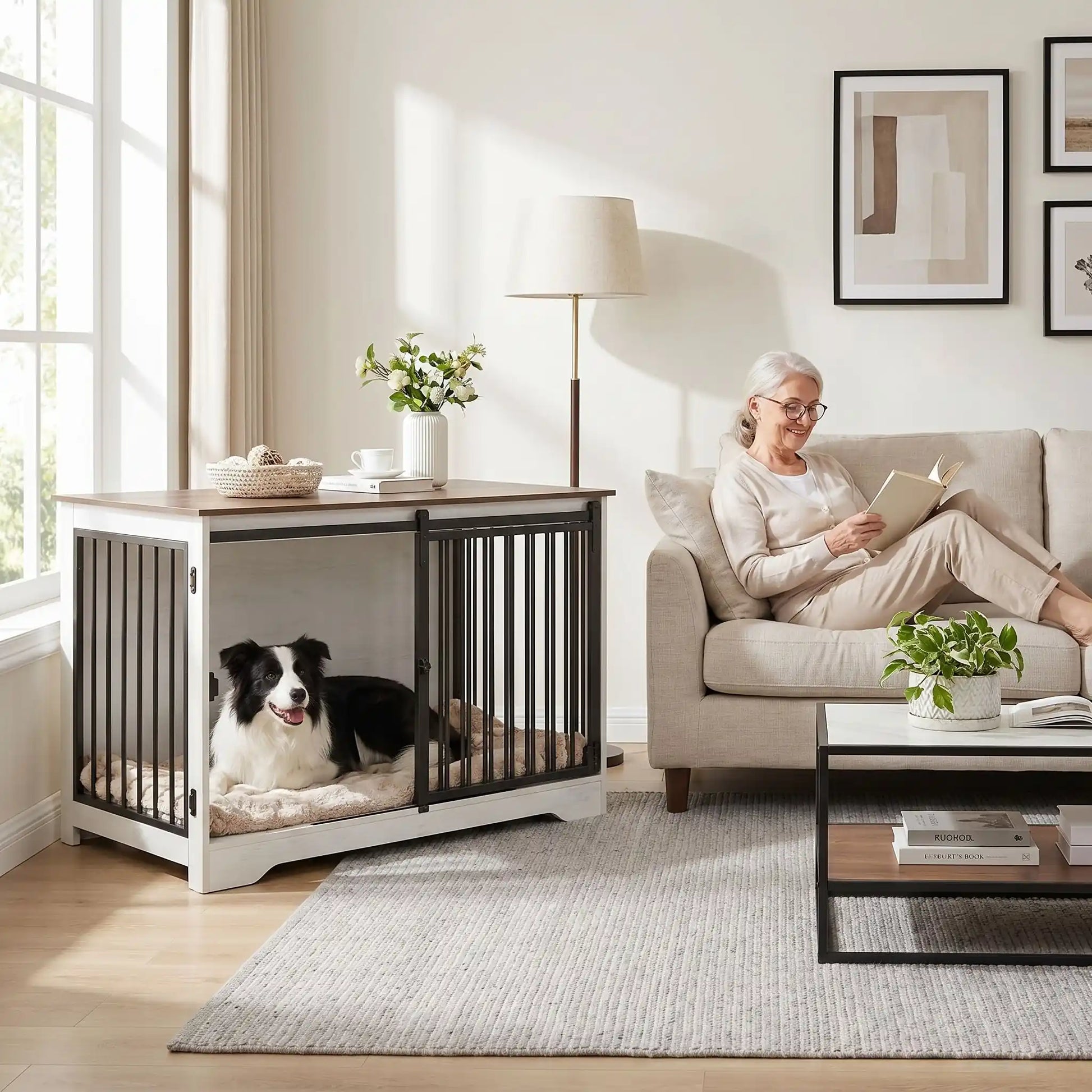 Meuble-niche-chien-interieur-cage-100-cm-Porte avant coulissante ultra-silencieuse qui économise l'espace-Porte latérale avec double système de verrouillage sécurisé- Tubes en acier robustes de 10 mm résistant à la mastication-Panneaux de particules épais impossibles à griffer-Points de soudure doubles sur chaque jonction-un border collie couché confortablement dans le meuble niche en bois blanc et marron à côté de sa maitresse qui lit sur le canapé dans le salon de la maison 