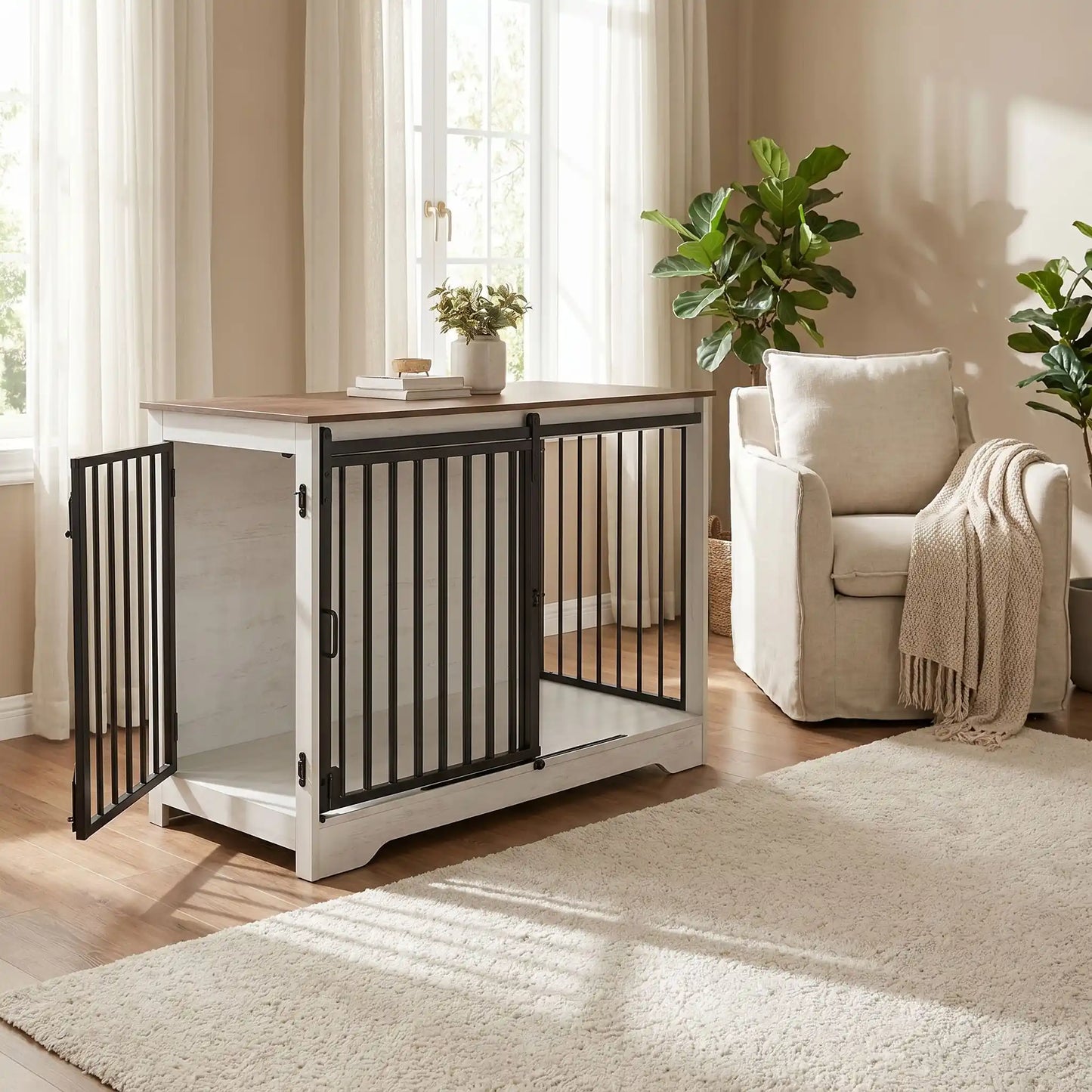 Dimensions extérieures : 100 x 60 x 68 cm-Dimensions intérieures de couchage :94 x 55 x 57,4 cm-Idéal pour chiot/chien jusqu'à 25 kg-Porte avant coulissante ultra-silencieuse qui économise l'espace-Porte latérale avec double système de verrouillage sécurisé- Tubes en acier robustes de 10 mm résistant à la mastication- Poignées ergonomiques pour une ouverture fluide et douce-Panneaux de particules épais impossibles à griffer-Points de soudure doubles sur chaque jonction-gros plan sur le meuble portes ouverte