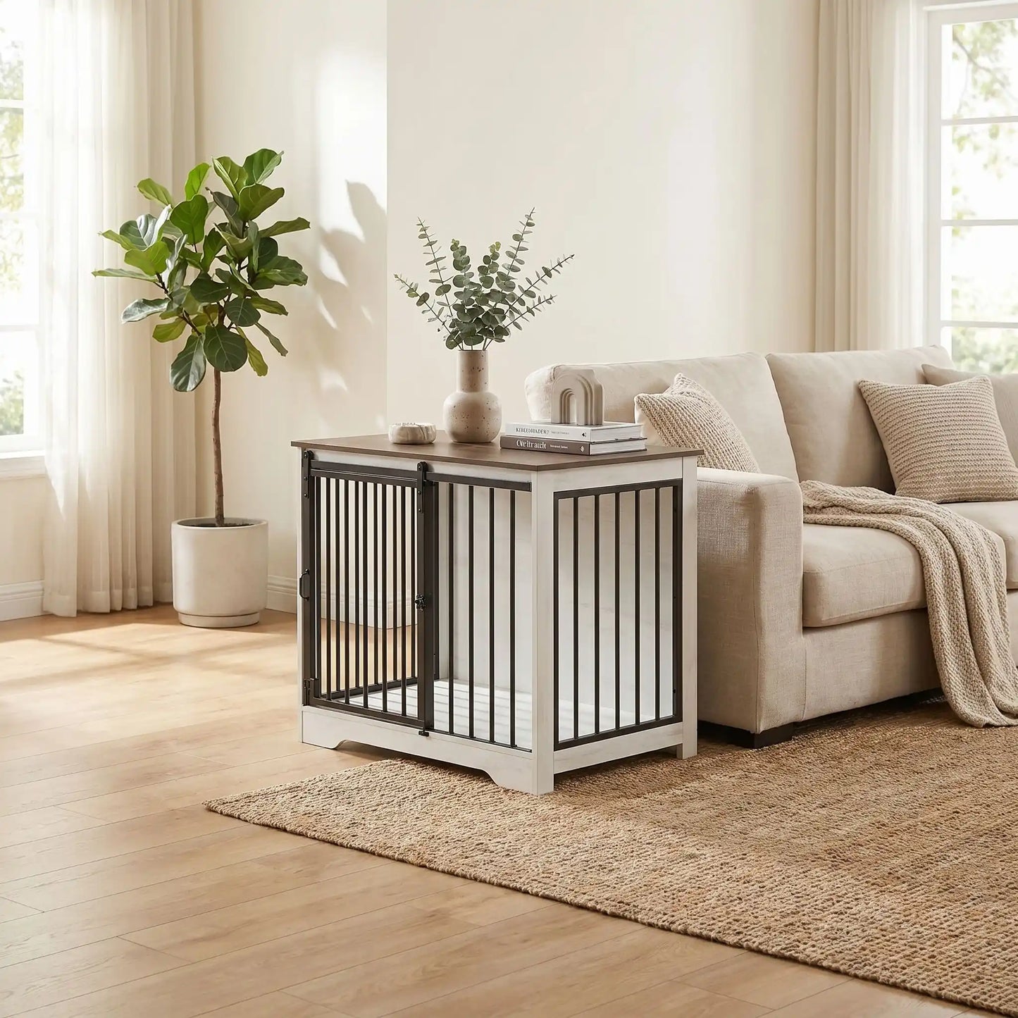 Dimensions extérieures : 100 x 60 x 68 cm-Dimensions intérieures de couchage :94 x 55 x 57,4 cm-Idéal pour chiot/chien jusqu'à 25 kg-Porte avant coulissante ultra-silencieuse qui économise l'espace-Porte latérale avec double système de verrouillage sécurisé- Barreau en acier robustes de 10 mm résistant à la mastication-Panneaux de particules épais impossibles à griffer-Points de soudure doubles sur chaque jonction-gros plan sur le meuble avec porte latérale et porte avant fermées, décorative et design 