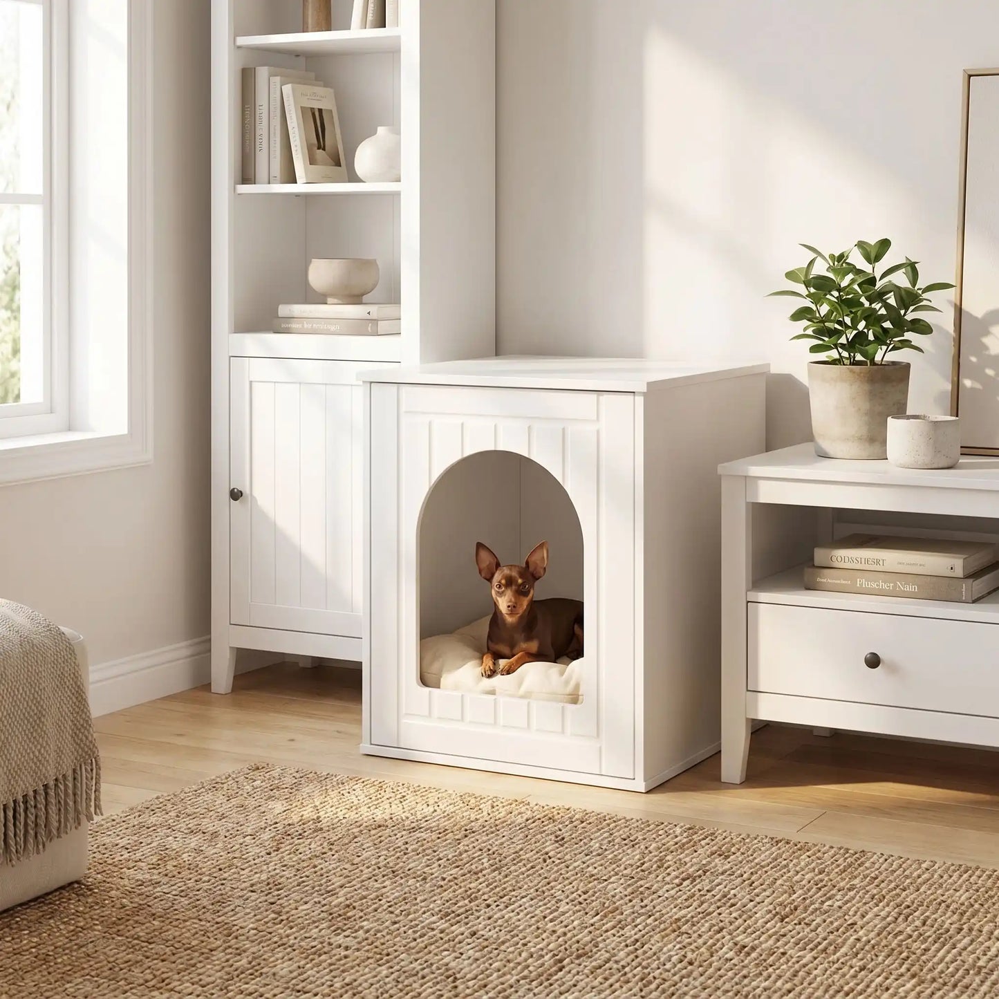 Meuble-niche-chien-chiot-intérieur en bois blanc de forme rectangulaire design moderne comme une cabine avec porte avant qui comporte une ouverture arrondie large pour une entrée et sortie facile, lavable et imperméable, robuste surpporte une charge de 60 kg pour chiot et chien de petite taille, race naine et toy de 0 à 4 kilos maximum-un chien de race toy couché confortablement en sécurité et au chaud dans son meuble niche design blanche  décorative encastré parmi l'ameublement du salon de l'appartement