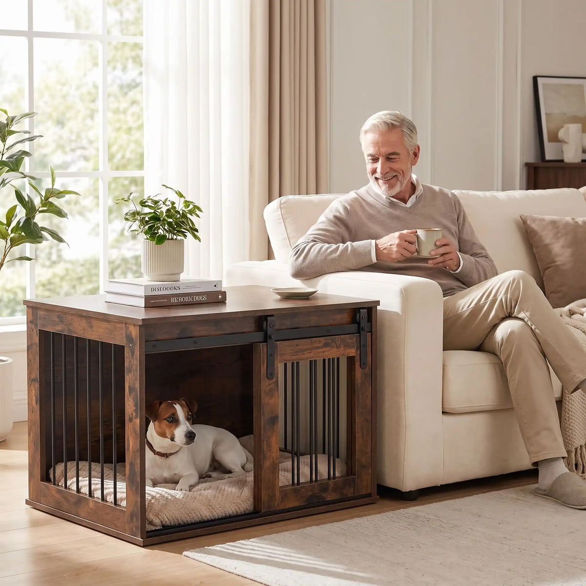 Meuble-niche-chien-interieur-chiot-cosy-en bois avec porte avant coulissante et silencieuse, et barreaux en acier transformable en cage pour chiot et chien de petite à moyenne taille de 0 à 20 kilos, structure robuste et design chic et moderne de couleur bois brut- un petit chien couché sur son coussin dans le meuble niche pour chien et chiot avec la porte latérale ouverte, en meuble de décoration d'appoint contre le canapé où son maître boit son café assis dans le salon de l'appartement