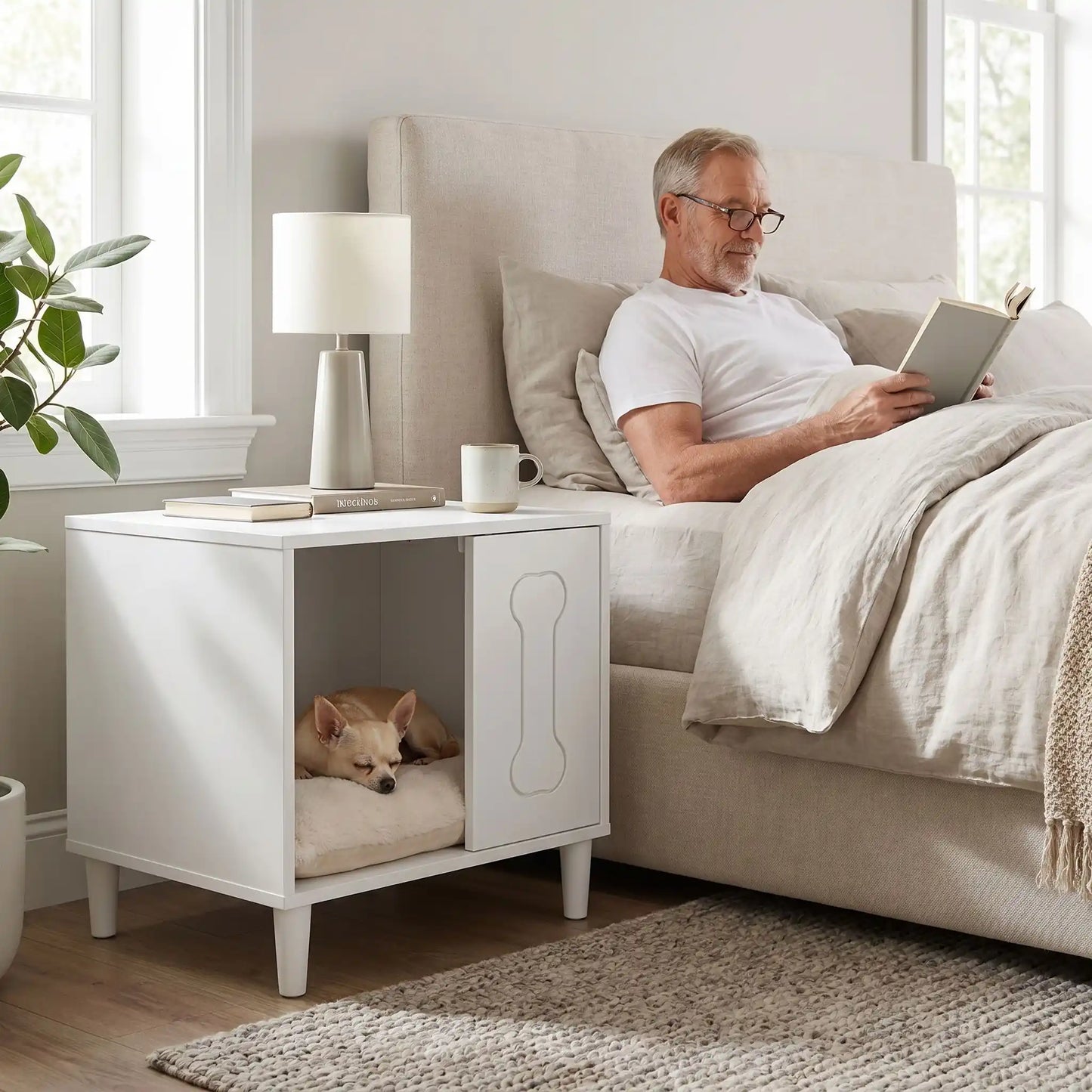 Meuble-niche-chien-interieur en bois et au design contemporain de forme cubique sur 4 pieds surélevés en bois antidérapant avec un décor d'os gravé sur l'avant avec ouverture pour une entrée et descente facile sur un quart du meuble pour chiot et chien de petite taille de 0 à 3 kg-un chihuahua dort paisiblement dans sa niche en bois design qui sert de table de nuit à côté du lit où son maitre allongé lit son livre dans la chambre de l'appartement