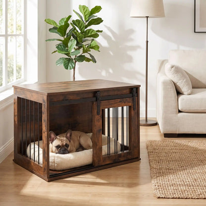 Meuble-niche-chien-interieur-chiot-cosy-en bois avec porte avant coulissante et silencieuse, et barreaux en acier transformable en cage pour chiot et chien de petite à moyenne taille de 0 à 20 kilos, structure robuste et design chic et moderne de couleur bois brut- un chien de race moyenne anxieux qui se réfugie et se couche sur son coussin dans le meuble niche pour chien et chiot sécurisante avec la porte latérale ouverte, en meuble de décoration d'appoint contre le canapé dans le salon de l'appartement
