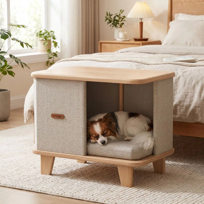 Meuble-niche-chien-interieur-chiot-design- en bois massif d'hêtre et de pin robuste avec son coussin interieur en lin écologique épais rembourré 100% coton PP amovible et lavable, bords arrondis anti-blessure sur 4 pieds robustes en bois, matériaux 100% naturels de couleur marron clair et beige, format compact, idéal pour les petits espaces, imperméable-un chien de race Toy qui dort en boule paisiblement dans le meuble niche design sur le coussin intérieur rembourré et épais en lin et coton dans la chambre 