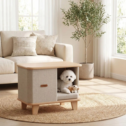 Meuble-niche-chien-interieur-chiot-design- en bois massif d'hêtre et de pin robuste avec son coussin interieur en lin écologique épais rembourré 100% coton PP amovible et lavable, bords arrondis anti-blessure sur 4 pieds robustes en bois, matériaux 100% naturels de couleur marron clair et beige, format compact, idéal pour les petits espaces, imperméable-un petit chien couché confortablement dans le meuble niche design avec sa peluche entre ses pattes dans un salon lifestyle et moderne de l'appartement