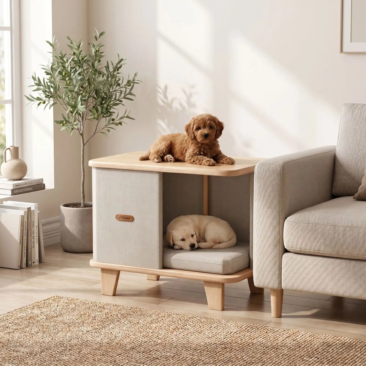 Meuble-niche-chien-interieur-chiot-design- en bois massif d'hêtre et de pin robuste avec son coussin interieur en lin écologique épais rembourré 100% coton PP amovible et lavable, bords arrondis anti-blessure sur 4 pieds robustes en bois, matériaux 100% naturels de couleur marron clair et beige, format compact, idéal pour les petits espaces, imperméable-un chiot  qui dort paisiblement dans le meuble niche design et un chien nain couché sur le haut du meuble à côté du canapé comme meuble d'appoint déco