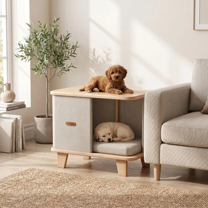 Meuble-niche-chien-interieur-chiot-design- en bois massif d'hêtre et de pin robuste avec son coussin interieur en lin écologique épais rembourré 100% coton PP amovible et lavable, bords arrondis anti-blessure sur 4 pieds robustes en bois, matériaux 100% naturels de couleur marron clair et beige, format compact, idéal pour les petits espaces, imperméable-un chiot  qui dort paisiblement dans le meuble niche design et un chien nain couché sur le haut du meuble à côté du canapé comme meuble d'appoint déco