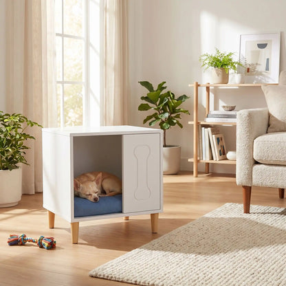 Meuble-niche-chien-interieur en bois et au design contemporain de forme cubique sur 4 pieds surélevés en bois antidérapant avec un décor d'os gravé sur l'avant avec ouverture pour une entrée et descente facile sur un quart du meuble pour chiot et chien de petite taille de 0 à 3 kg-un chihuahua qui dort dans sa niche en bois design qui sert de meuble d'appoint et de décoration dans le salon lifestyle de l'appartement