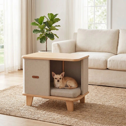 Meuble-niche-chien-interieur-chiot-design- en bois massif d'hêtre et de pin robuste avec son coussin interieur en lin écologique épais rembourré 100% coton PP amovible et lavable, bords arrondis anti-blessure sur 4 pieds robustes en bois, matériaux 100% naturels de couleur marron clair et beige, format compact, idéal pour les petits espaces, imperméable-un chien de race naine couché confortablement dans le meuble niche design sur le coussin ergonomique dans un salon lifestyle et moderne de l'appartement