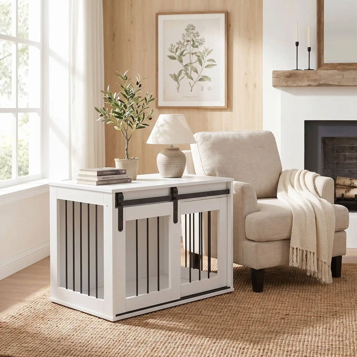Meuble-niche-pour-chien-petit et moyenne taille-cage-80 cm en bois blanc et porte avant coulissante avec roulettes solides et silencieuses en cadre en bois et barreaux blancs en acier robuste, meuble rectangulaire et cage au design moderne, imperméable et robuste  pour chiot et chien de 0 à 15 kg-gros plan sur le meuble niche avec porte à barreaux avant fermée en meuble d'appoint décoratif design dans le salon de l'appartement