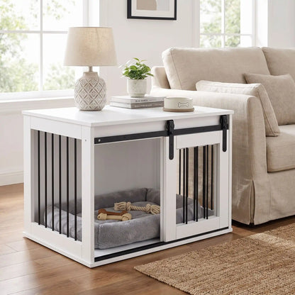 Meuble-niche-pour-chien-petit et moyenne taille-cage-80 cm en bois blanc et porte avant coulissante avec roulettes solides et silencieuses en cadre en bois et barreaux blancs en acier robuste, meuble rectangulaire et cage au design moderne, imperméable et robuste  pour chiot et chien de 0 à 15 kg-gros plan sur le meuble niche au style épuré scandinave avec sa porte coulissante ouverte et décoration sur le meuble lifestyle qui apporte un touche de charme dans le salon de la maison
