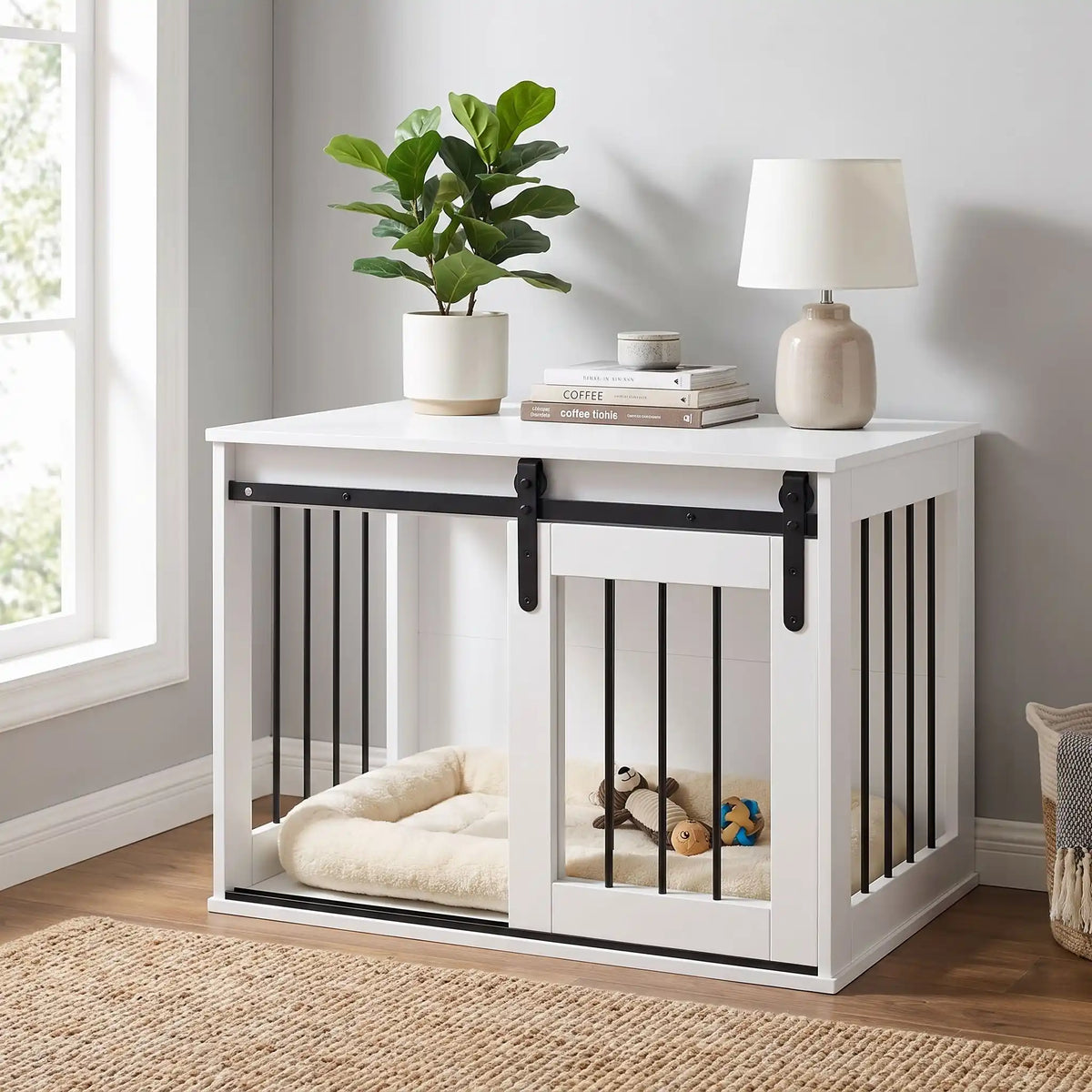 Meuble-niche-pour-chien-petit et moyenne taille-cage-80 cm en bois blanc et porte avant coulissante avec roulettes solides et silencieuses en cadre en bois et barreaux blancs en acier robuste, meuble rectangulaire et cage au design moderne, imperméable et robuste  pour chiot et chien de 0 à 15 kg-gros plan sur le meuble niche au style épuré scandinave avec sa porte coulissante ouverte et décoration sur le meuble lifestyle qui apporte un touche de charme dans le salon de l'appartement