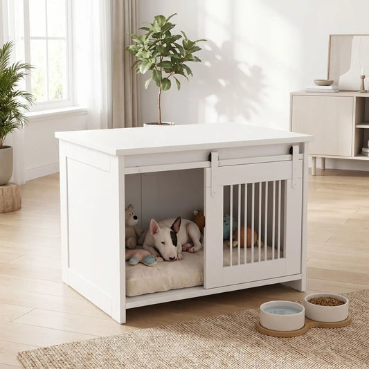 Meuble-niche-pour-chien-petit et moyenne taille-cage-80 cm en bois blanc et porte avant coulissante avec roulettes solides et silencieuses en cadre en bois et barreaux blancs en acier robuste, meuble rectangulaire et cage au design moderne, imperméable et robuste  pour chiot et chien de 0 à 15 kg-un chien de race moyenne qui dort paisiblement dans le meuble niche  avec porte à barreaux avant ouverte dans le salon lifestyle et moderne du salon de la maison