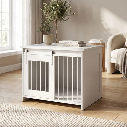 Meuble-niche-pour-chien-petit et moyenne taille-cage-80 cm en bois blanc et porte avant coulissante avec roulettes solides et silencieuses en cadre en bois et barreaux blancs en acier robuste, meuble rectangulaire et cage au design moderne, imperméable et robuste  pour chiot et chien de 0 à 15 kg-gros plan sur le meuble niche au style épuré scandinave avec sa porte coulissante fermée et décoration sur le meuble lifestyle qui apporte un touche de charme dans le salon de la maison