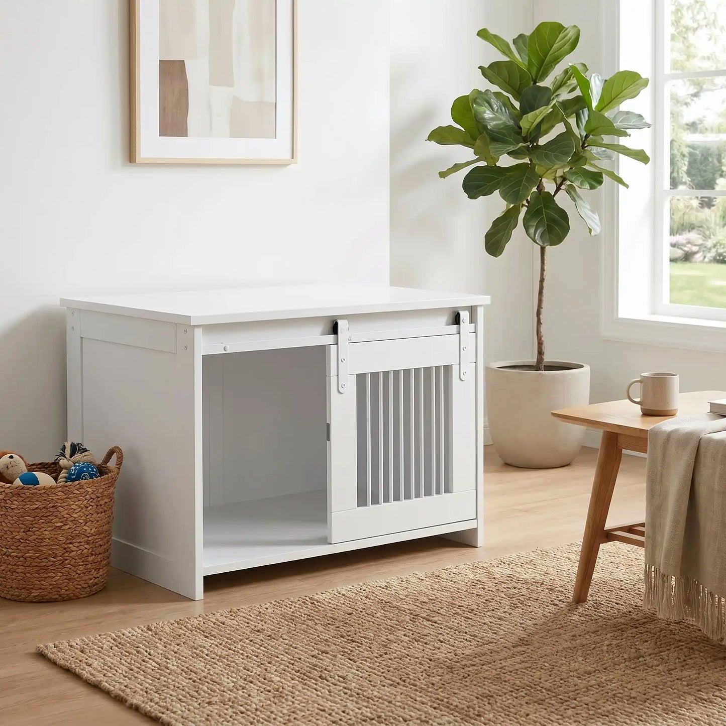 Meuble-niche-pour-chien-petit et moyenne taille-cage-80 cm en bois blanc et porte avant coulissante avec roulettes solides et silencieuses en cadre en bois et barreaux blancs en acier robuste, meuble rectangulaire et cage au design moderne, imperméable et robuste  pour chiot et chien de 0 à 15 kg-gros plan sur le meuble niche au style épuré scandinave avec sa porte coulissante ouverte et décoration sur le meuble lifestyle qui apporte un touche de charme dans le salon de l'appartement