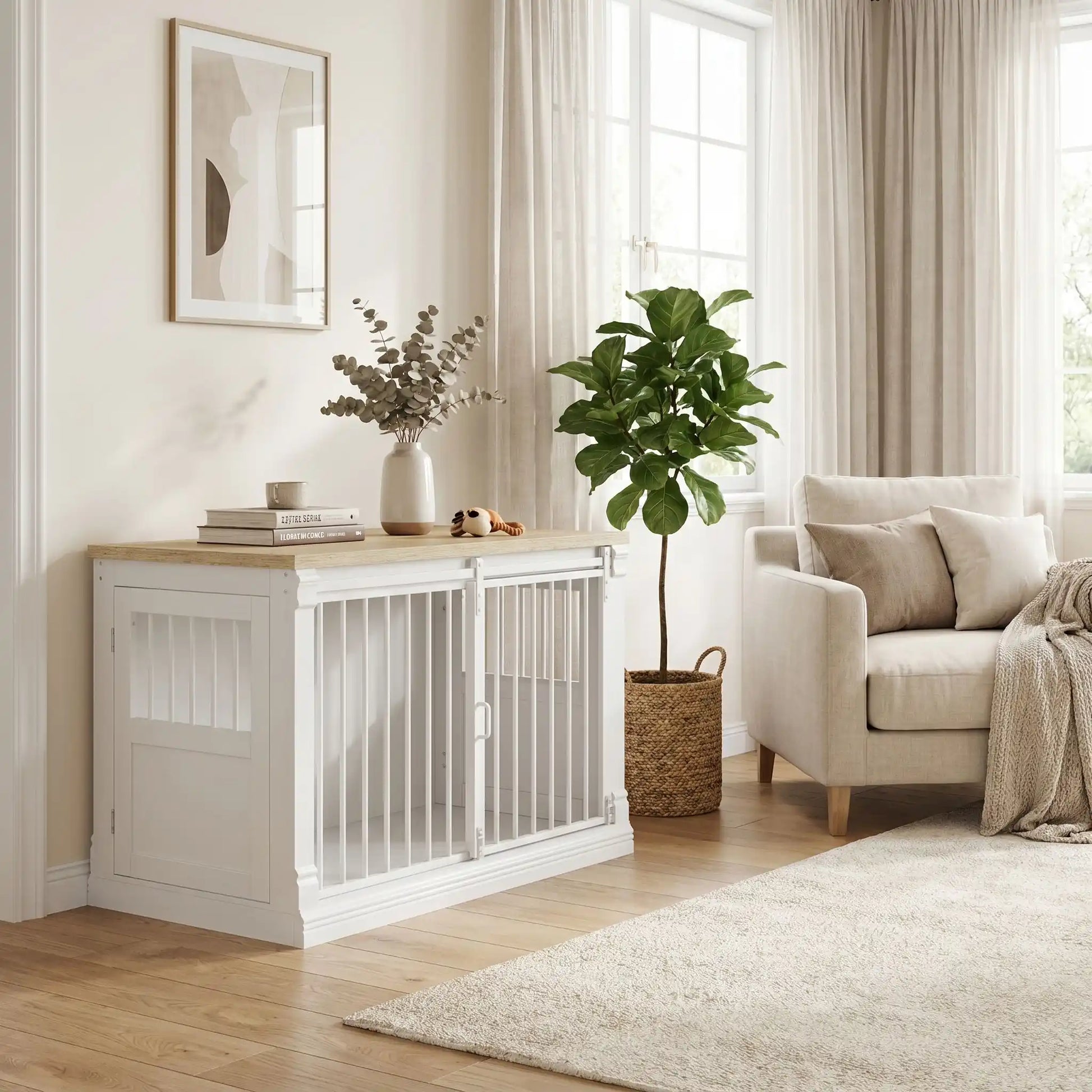 Meuble-niche-pour-chien-petit et moyenne taille-cage-100 cm en bois clair naturel pour la console et porte en bois, 3 portes avec porte coulissante avant en barreaux acier robuste et deux portes latérales en bois et barreaux blanc, capacité de charge jusqu'à 100 kg, rectangulaire et design moderne, imperméable et robuste avec serrures anti fuite pour chiot et chien de 0 à 25 kg-gros plan sur le meuble niche pour chiot et chien avec porte et barreaux dans le salon de l'appartement