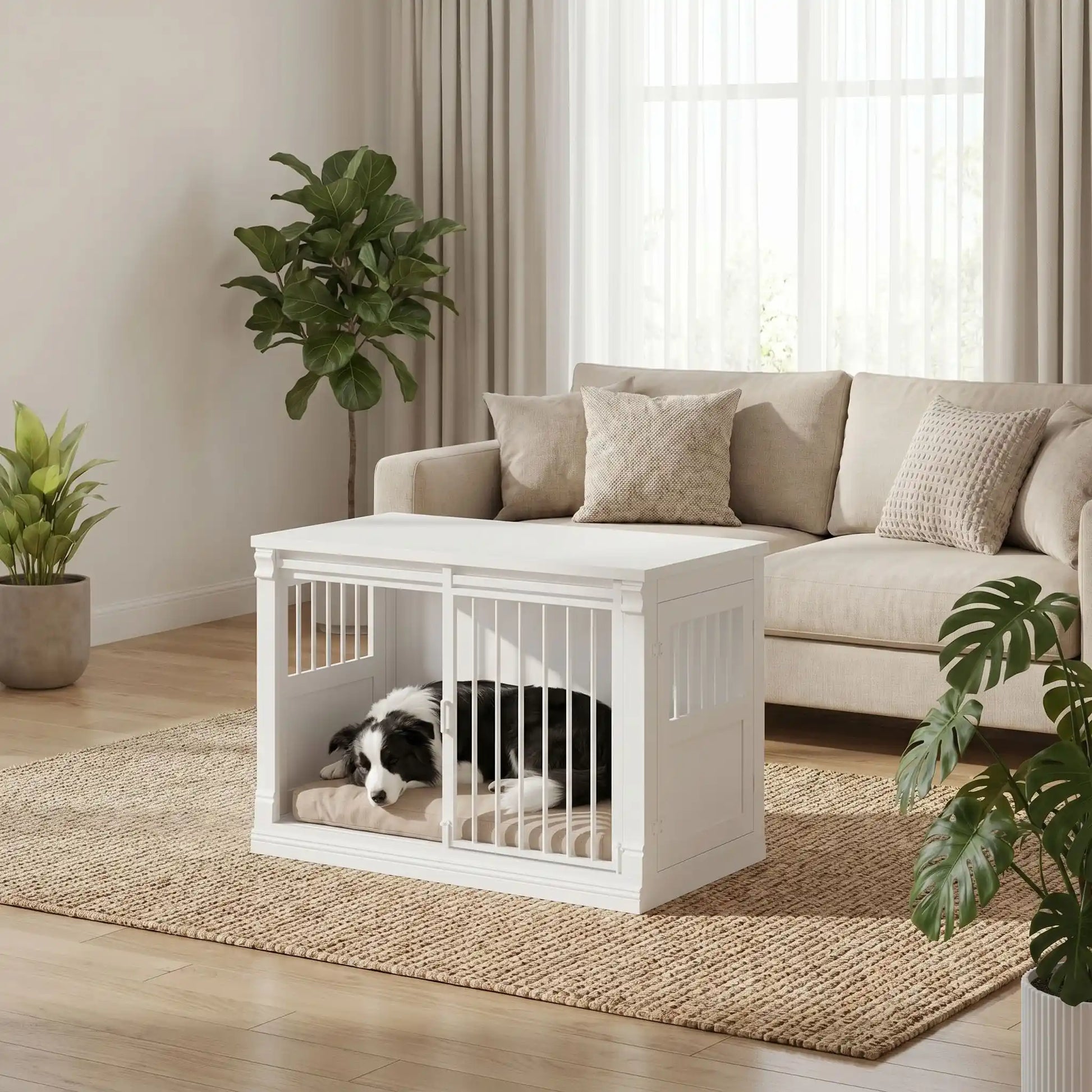 Meuble-niche-pour-chien-petit et moyenne taille-cage-100 cm en bois clair naturel pour la console et porte en bois, 3 portes avec porte coulissante avant en barreaux acier robuste et deux portes latérales en bois et barreaux blanc, capacité de charge jusqu'à 100 kg, rectangulaire et design moderne, imperméable et robuste avec serrures anti fuite pour chiot et chien de 0 à 25 kg-un chien moyen qui dort paisiblement dans le meuble niche  avec porte à barreaux avant ouverte et portes latérales fermées 