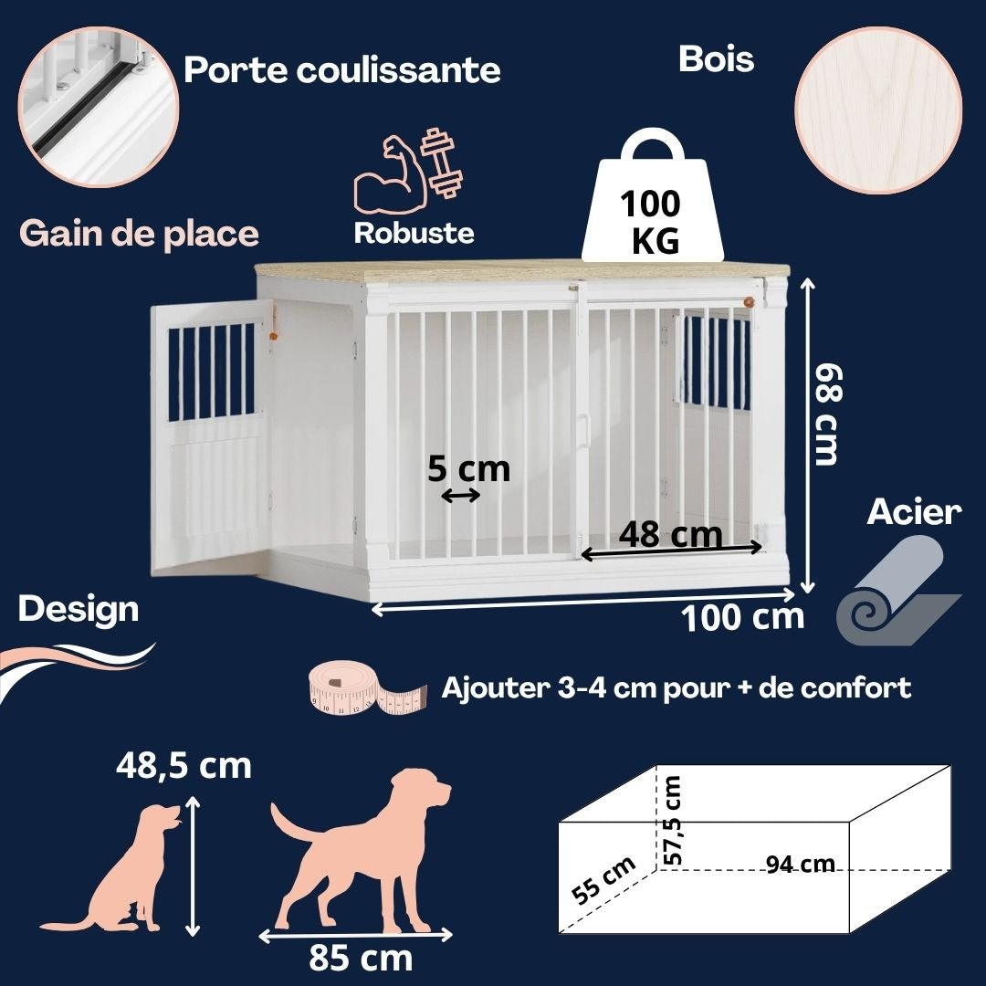 Meuble-niche-pour-chien-petit et moyenne taille-cage-100 cm en bois clair naturel pour la console et porte en bois, 3 portes avec porte coulissante avant en barreaux acier robuste et deux portes latérales en bois et barreaux blanc, capacité de charge jusqu'à 100 kg, rectangulaire et design moderne, imperméable et robuste avec serrures anti fuite pour chiot et chien de 0 à 25 kg-caractéristiques et mesures détaillées du meuble niche pour chien à l'extérieur et à l'intérieur et guide de mesures pour le chien