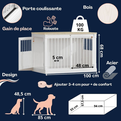 Meuble-niche-pour-chien-petit et moyenne taille-cage-100 cm en bois clair naturel pour la console et porte en bois, 3 portes avec porte coulissante avant en barreaux acier robuste et deux portes latérales en bois et barreaux blanc, capacité de charge jusqu'à 100 kg, rectangulaire et design moderne, imperméable et robuste avec serrures anti fuite pour chiot et chien de 0 à 25 kg-caractéristiques et mesures détaillées du meuble niche pour chien à l'extérieur et à l'intérieur et guide de mesures pour le chien