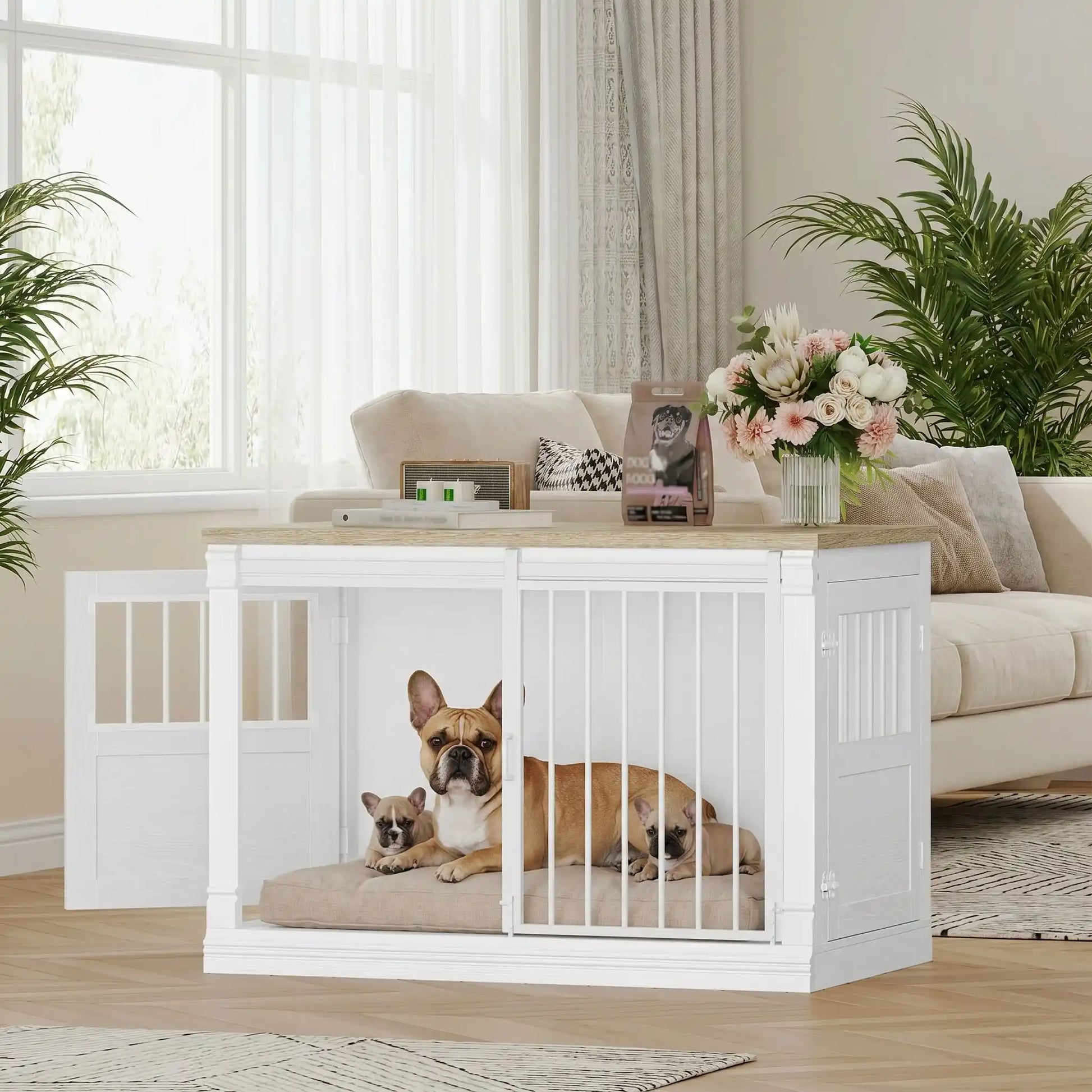 Meuble-niche-pour-chien-petit et moyenne taille-cage-100 cm en bois clair naturel pour la console et porte en bois, 3 portes avec porte coulissante avant en barreaux acier robuste et deux portes latérales en bois et barreaux blanc, capacité de charge jusqu'à 100 kg, rectangulaire et design moderne, imperméable et robuste avec serrures anti fuite pour chiot et chien de 0 à 25 kg-un petit chien avec ses chiots couché dans le meuble niche  vec porte à barreaux avant ouverte la porte latérale gauche ouverte 
