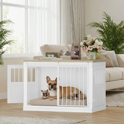 Meuble-niche-pour-chien-petit et moyenne taille-cage-100 cm en bois clair naturel pour la console et porte en bois, 3 portes avec porte coulissante avant en barreaux acier robuste et deux portes latérales en bois et barreaux blanc, capacité de charge jusqu'à 100 kg, rectangulaire et design moderne, imperméable et robuste avec serrures anti fuite pour chiot et chien de 0 à 25 kg-un petit chien avec ses chiots couché dans le meuble niche  vec porte à barreaux avant ouverte la porte latérale gauche ouverte 